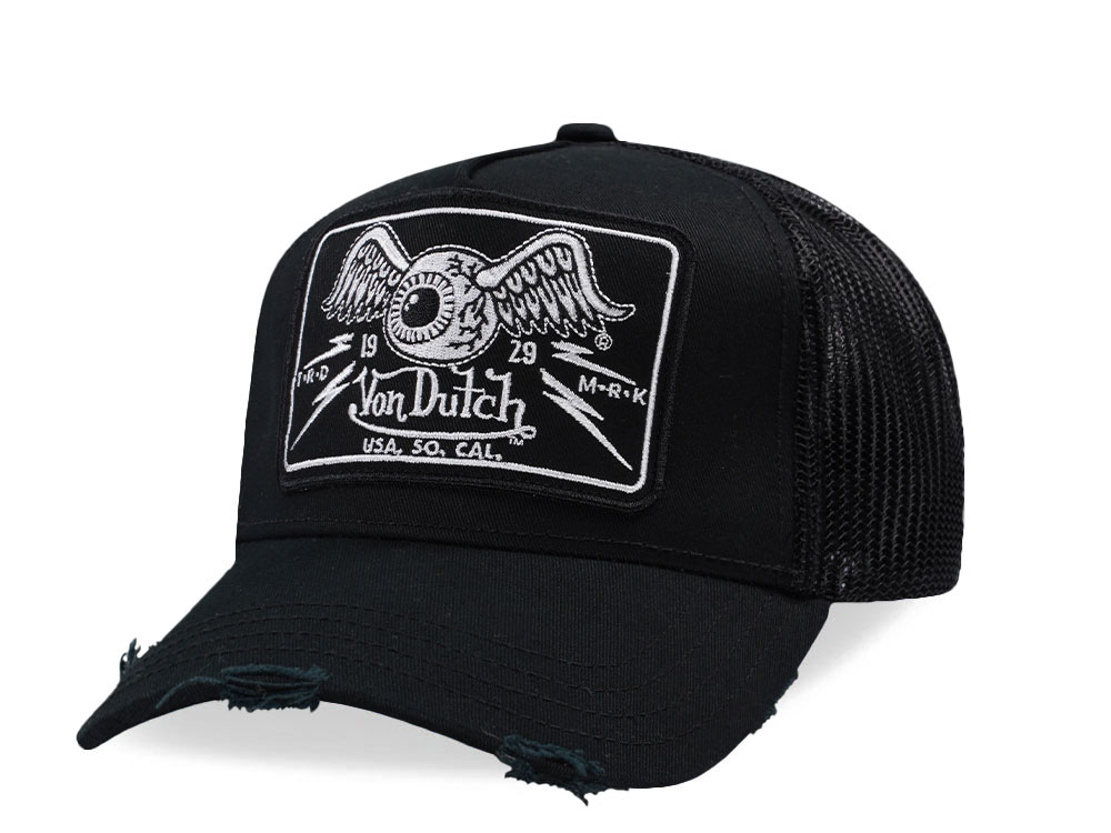 Von Dutch Square Patch Distressed Black Trucker Snapback Cap