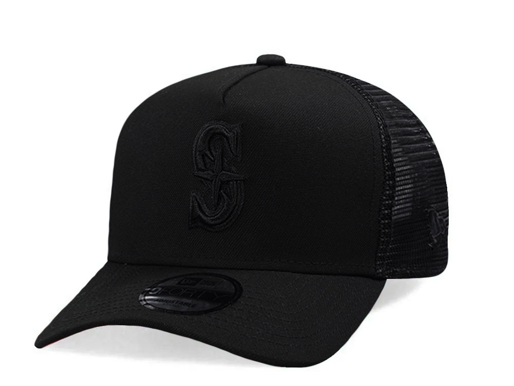 New Era Seattle Mariners Black On Black Edition 9Forty A Frame Trucker Snapback Cap