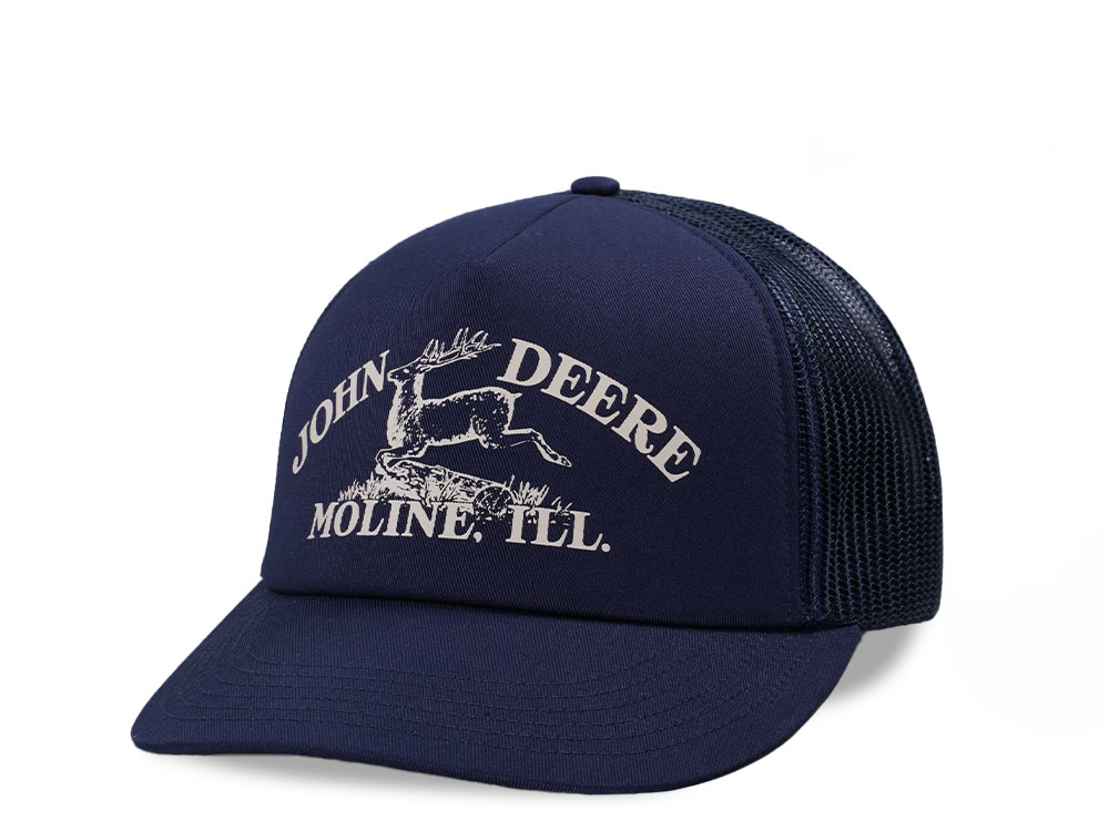 John Deere Moline Vintage Print Navy Trucker Snapback Cap