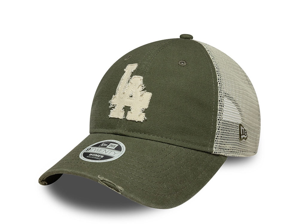 New Era Los Angeles Dodgers Distressed Olive Edition 9Twenty Womens Trucker Strapback Cap