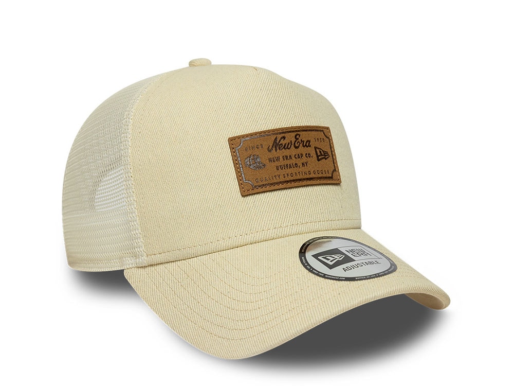 New Era Beige Denim Leather Patch 9Forty A Frame Trucker Snapback Cap